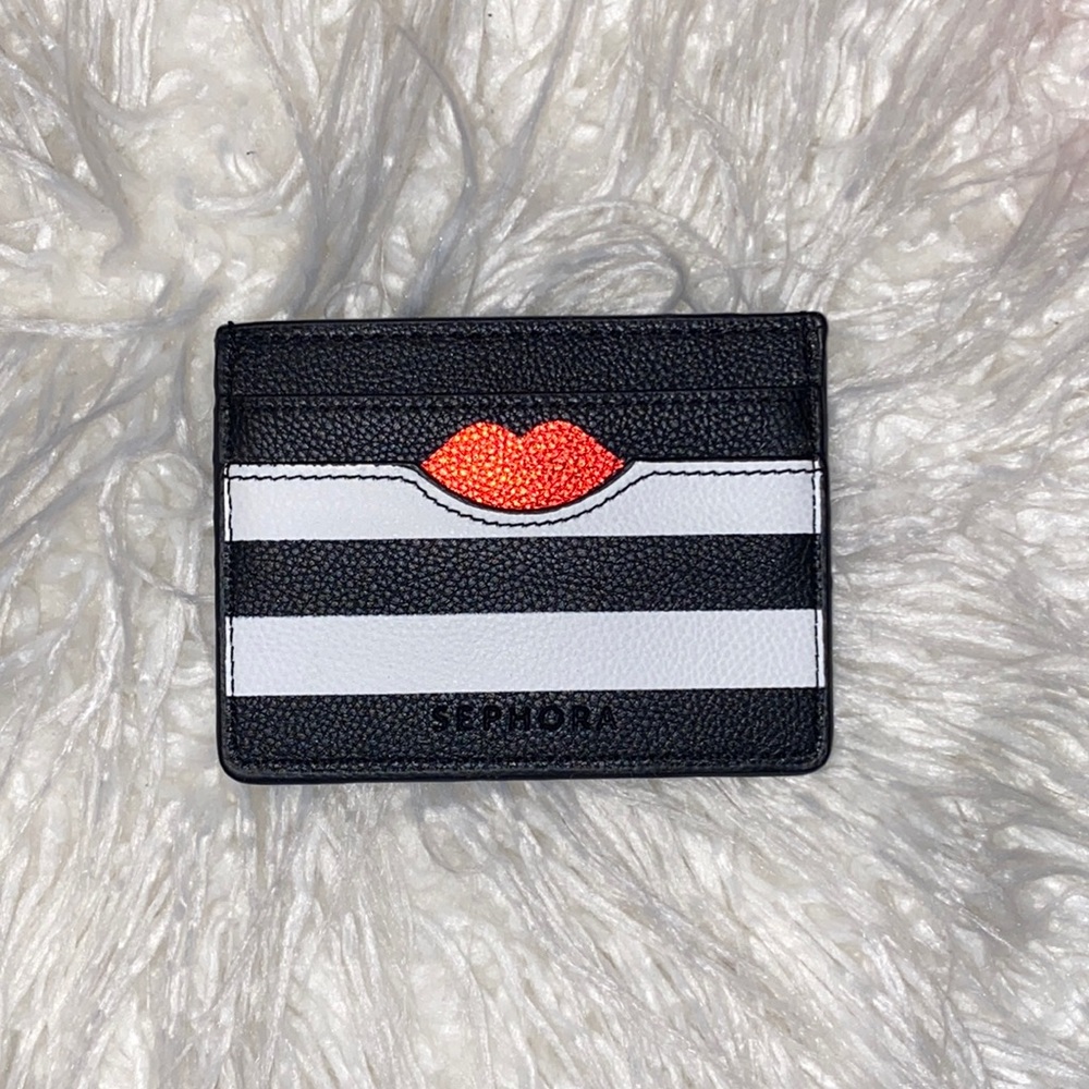 NEW Sephora Black and White Stripped Red Lip Card Wallet Holder